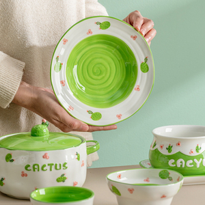 新款创意仙人掌不规则造型碗盘家用陶瓷套装釉下彩儿童专用餐具