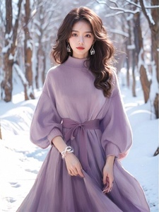 捡漏专柜撤回尾单紫色针织连衣裙女秋冬高级感法式气质收腰毛衣裙