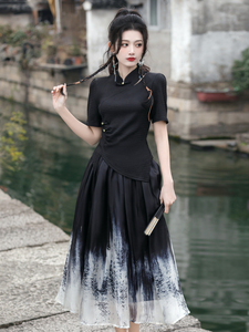 2024夏新中式复古中国风两件套装旗袍改良年轻款少女黑色日常可穿