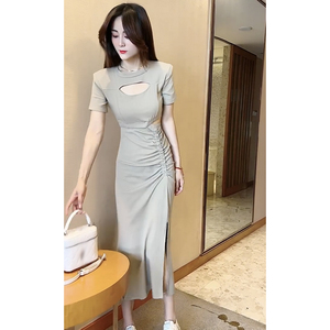 2024夏季新款高级感镂空开叉短袖连衣裙女韩版修身高腰显瘦长裙子