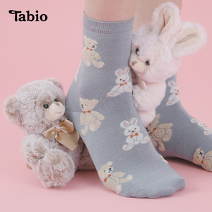 Tabio小熊小兔袜子女春夏含羊毛中筒袜潮外穿可爱日系女袜红袜子