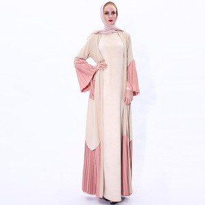 马来西亚服装阿拉伯沙特连衣裙压褶喇叭袖拼接女装系带外搭kimono