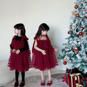 恬恬很甜 2023女童秋冬新年圣诞氛围感红丝绒网纱吊带蓬蓬连衣裙