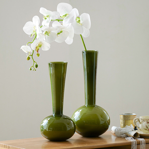 中古琉璃花瓶高级感绿色摆件桌面办公室干花花束客厅摆设一枝花高