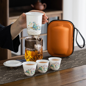 便携式旅行茶具防烫玻璃茶壶户外三人羊脂玉瓷功夫茶具简易快客杯