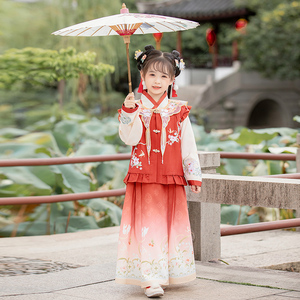 高端红色女童汉服拜年服中国风马面裙子儿童古装加绒加厚古风秋冬