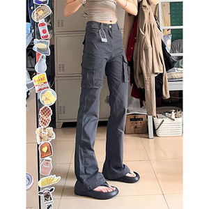 灰色工装喇叭裤女2023夏季薄款小个子高腰显瘦多口袋休闲微喇裤子