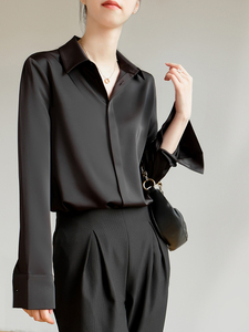 时尚洋气高级感缎面黑色衬衫2024早春新款女装设计感通勤职业上衣