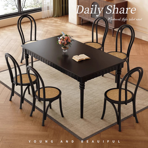 美式复古实木餐桌家用1.5m米黑色高级感方桌中古风长方形吃饭桌子
