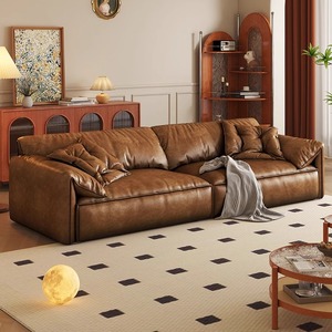中古风真皮沙发客厅家用法式复古焦糖色直排油蜡皮美式皮艺沙发
