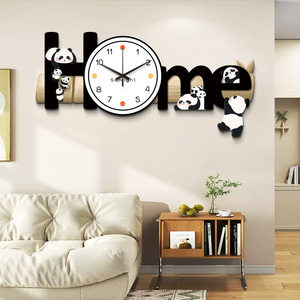 简约现代客厅挂钟装饰画组合可爱熊猫墙上免打孔挂墙无痕静音时钟