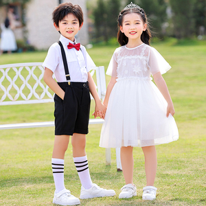 儿童合唱服幼儿园演出表演服白色纱裙蓬蓬裙主持人礼服毕业照服装