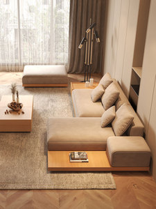 侘寂日式风格沙发实木原木色大别墅平层客厅乳胶极简现代布艺沙发