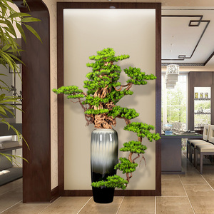 新中式仿真迎客松植物盆景大型落地绿植假树室内玄关酒店软装造景