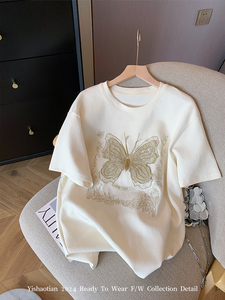 白色蝴蝶刺绣圆领短袖t恤女夏季2024设计感宽松时尚百搭气质体恤