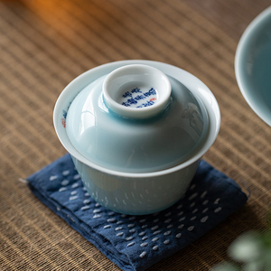 原矿釉天蓝三才盖碗茶杯单个手写诗词茶碗带盖中式功夫茶具泡茶器