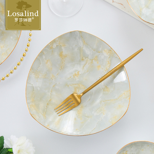 家用骨瓷餐具8英寸三角盘创意金边深菜盘饭盘玉石纹理异形盘子