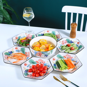 六角拼盘创意陶瓷餐盘家用过年圆桌摆菜盘汤碗餐具米饭碗盘子菜盘