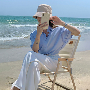 海边度假法式设计感小众女衬衣2024新款夏季通勤简约短袖蓝色衬衫
