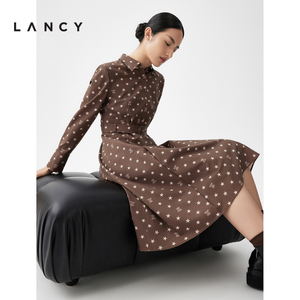 LANCY/朗姿2023秋冬新款羊毛衬衫连衣裙女星星印花中长款法式气质