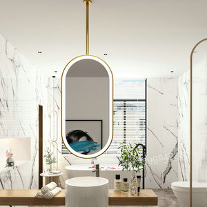 简约现代卫生间天花板吊镜悬空民宿悬挂吊装椭圆形吊杆智能浴室镜