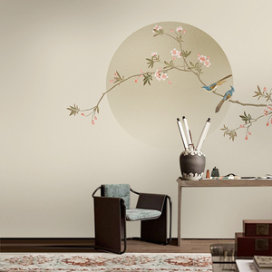 中式手绘淡雅圆月花鸟壁纸客厅背景墙纸古典墙布卧室环保定制壁画