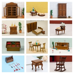 12分娃娃屋微缩仿古中式家具红木色迷你柜子桌床茶几模型ob11食玩