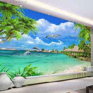 蓝天白云风景沙滩椰树海景定制3D地中海客厅电视背景墙纸影视壁画