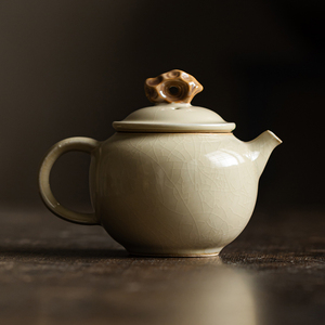 豆黄汝窑茶壶家用太湖石单壶陶瓷功夫茶具会客单个喝茶泡茶器开片
