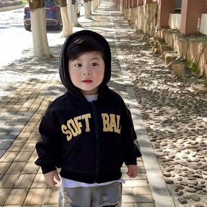 男童韩版秋冬季运动风外套儿童宝宝洋气加绒长袖连帽卫衣字母上衣