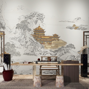 新中式山水禅意楼阁意境壁布墙纸书房壁画客厅沙发电视背景墙壁纸