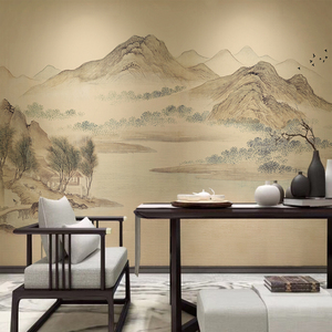 中式古风水墨山水画壁布客厅电视背景墙壁纸素雅禅意卧室书房墙布