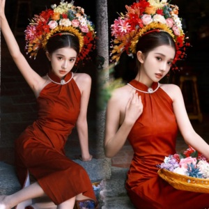 簪花服装红色旗袍女新娘新中式旅拍写真拍照礼服显瘦高级感摄影服
