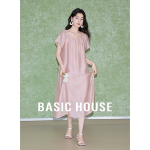Basic House/百家好粉色短袖连衣裙温柔风方领中长款裙子夏季新款