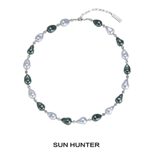 三横SUN HUNTER原创灰绿拼接巴洛克珍珠项链小众复古孔雀绿锁骨链