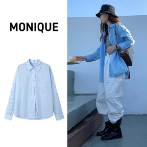 韩国MONIQUE长袖衬衫女春夏新款慵懒风高级感设计蓝条纹翻领上衣