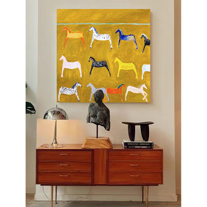 纯手绘玄关小众艺术装饰画客厅抽象动物马挂画肌理油画儿童房壁画