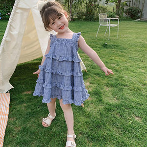女童格子连衣裙夏装新款儿童无袖蛋糕裙女宝宝夏季洋气吊带裙