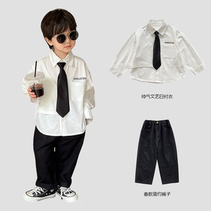春季新款童装韩版儿童字母印花领带衬衫男童白色衬衣小正太帅气
