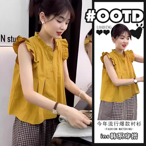 韩国chic新款设计感小飞袖衬衫女夏减龄宽松小个子漂亮小衫娃娃衫