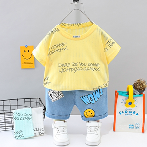 婴儿衣服韩版帅气棉麻字母袖两件套八九个月一周岁男宝宝舒适夏装
