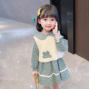 韩国女童连衣裙毛衣春秋款套装2023新款洋气小童娃娃领公主裙套装