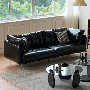 美式轻奢沙发小户型客厅现代简约公寓接中式黑色沙发油蜡皮双人小