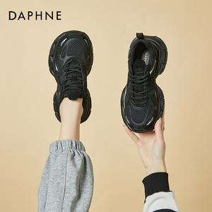 Daphne/达芙妮黑色厚底老爹鞋女2024新款网面透气休闲跑步运动鞋