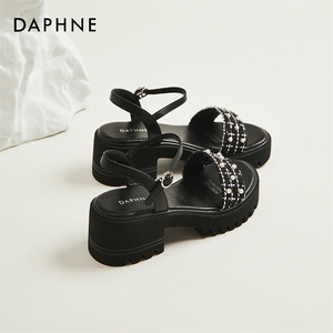 达芙妮/Daphne跟高6CM~黑色珍珠凉鞋女2024夏季新款厚底罗马鞋