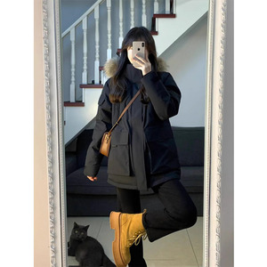 韩国黑色大毛领羽绒棉服女秋冬季高级感派克服中长款工装棉袄外套