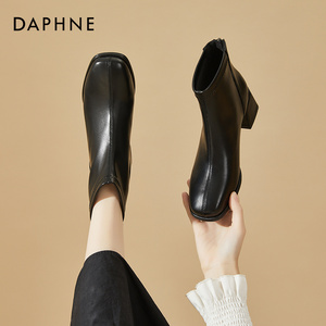 达芙妮小短靴女搭配裙子穿的瘦瘦靴黑色法式高跟冬季加绒粗跟女靴