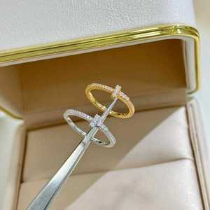 T字满钻戒指女18k玫瑰金纯银时尚十字钻石戒指经典个性款轻奢指环