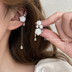 GMI白色玫瑰花珍珠锆石耳骨夹女气质高级感耳环显脸小无耳洞耳饰