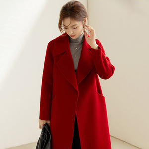 红色双面羊绒大衣女中长款秋冬季结婚修身高端毛呢外套气质显瘦